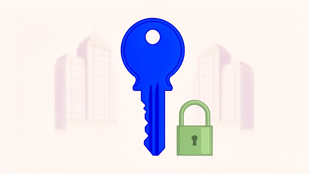 A single cobalt key held by its owner stays solid while corporate buildings fade in the background.